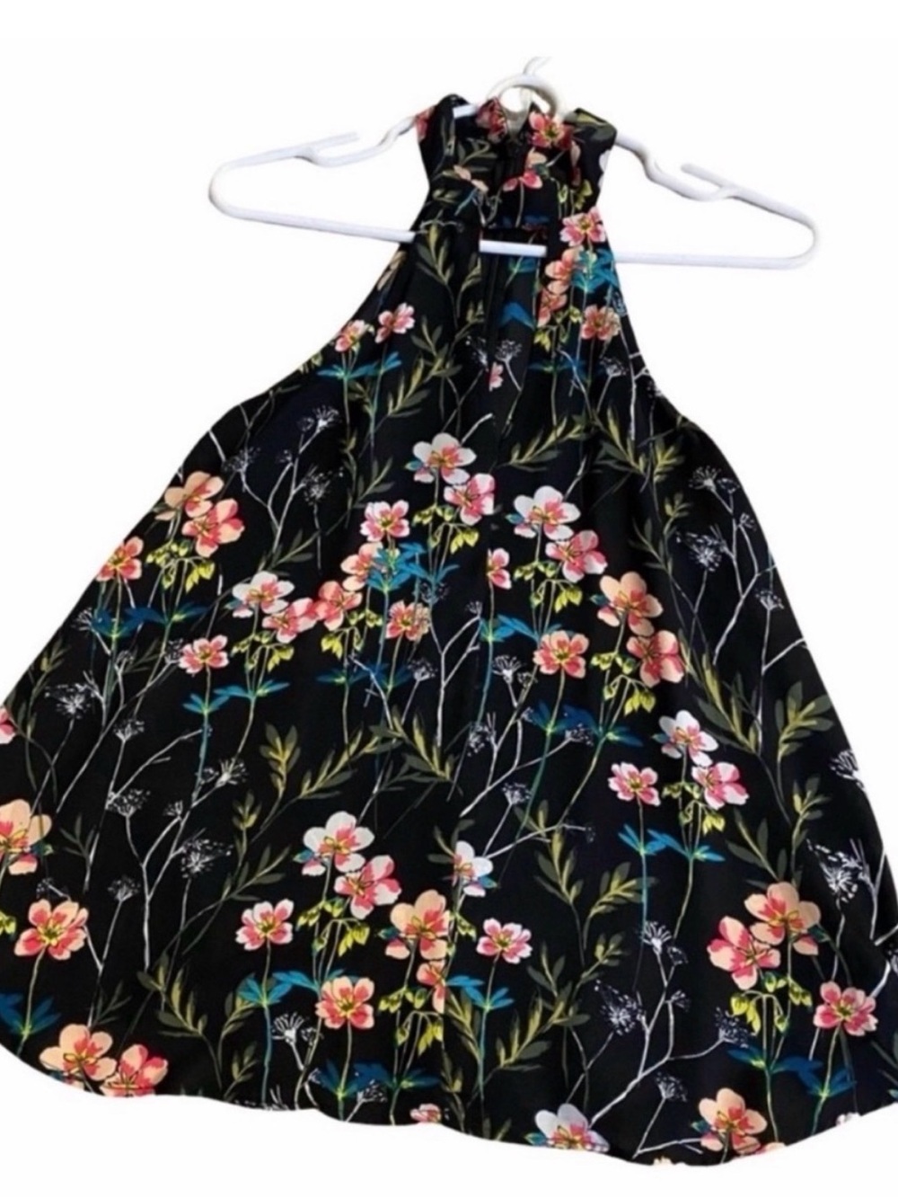Express Floral Halter Top XS Black Pink Green Keyhole Neck Sleeveless